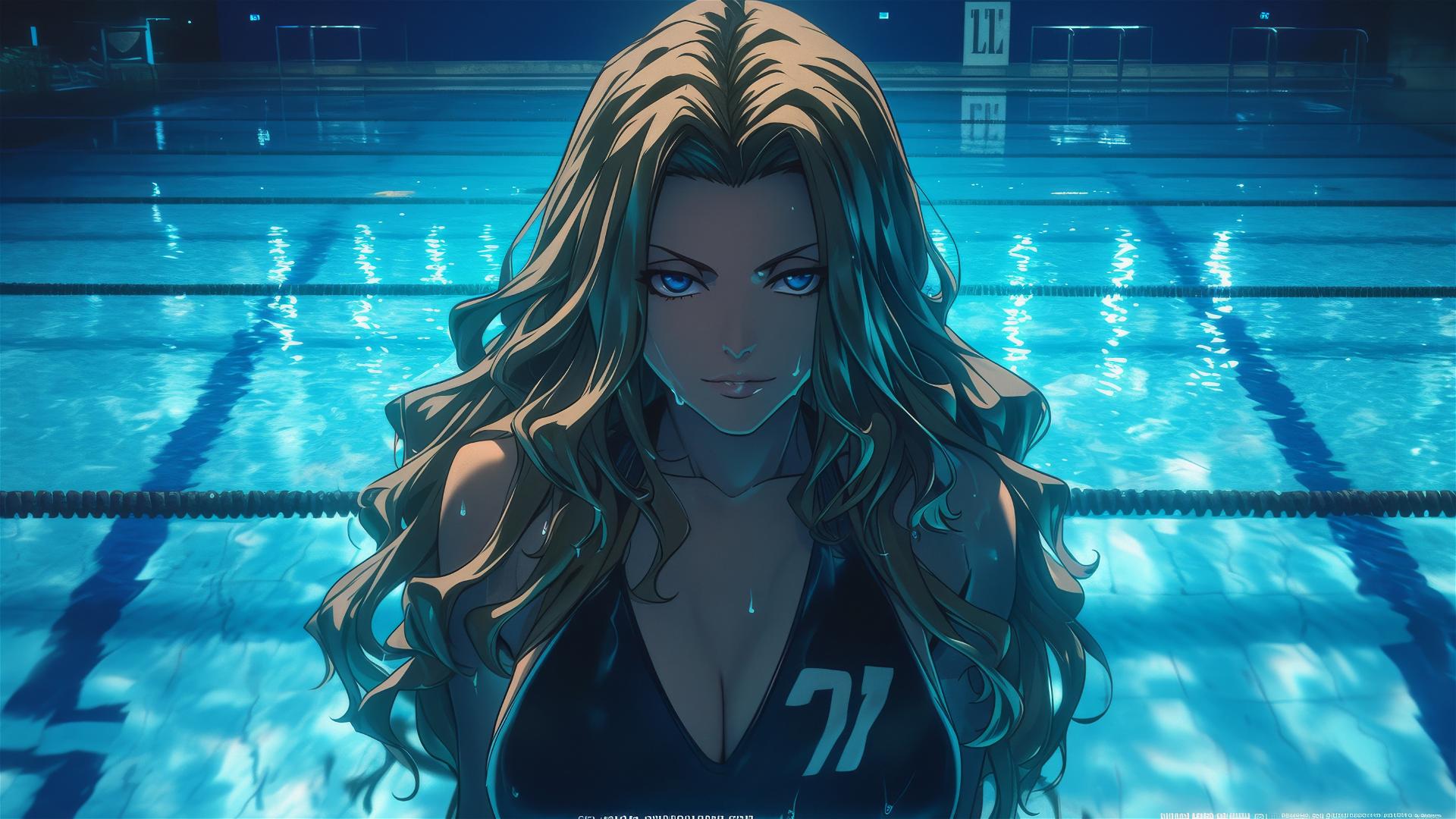 Rangiku Matsumoto from Bleach standing in pool under moonlight