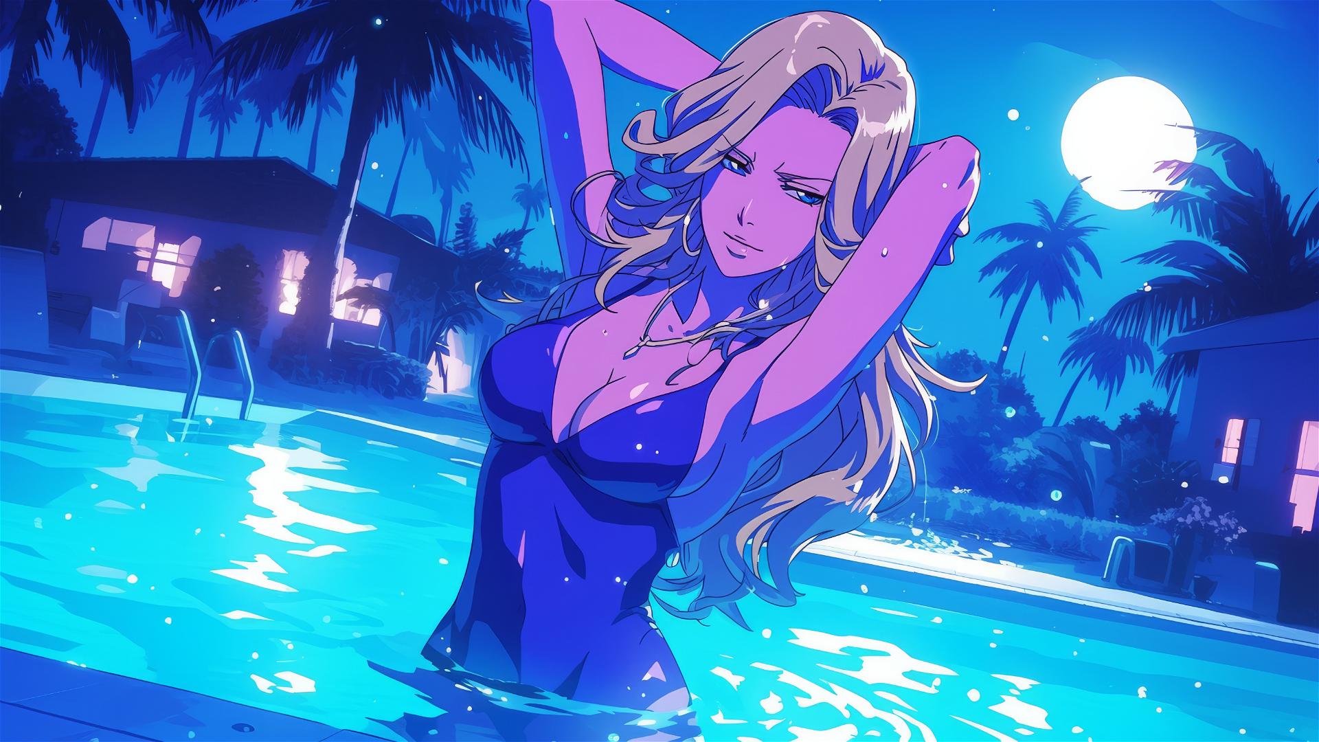Rangiku Matsumoto from Bleach standing in a pool under moonlight