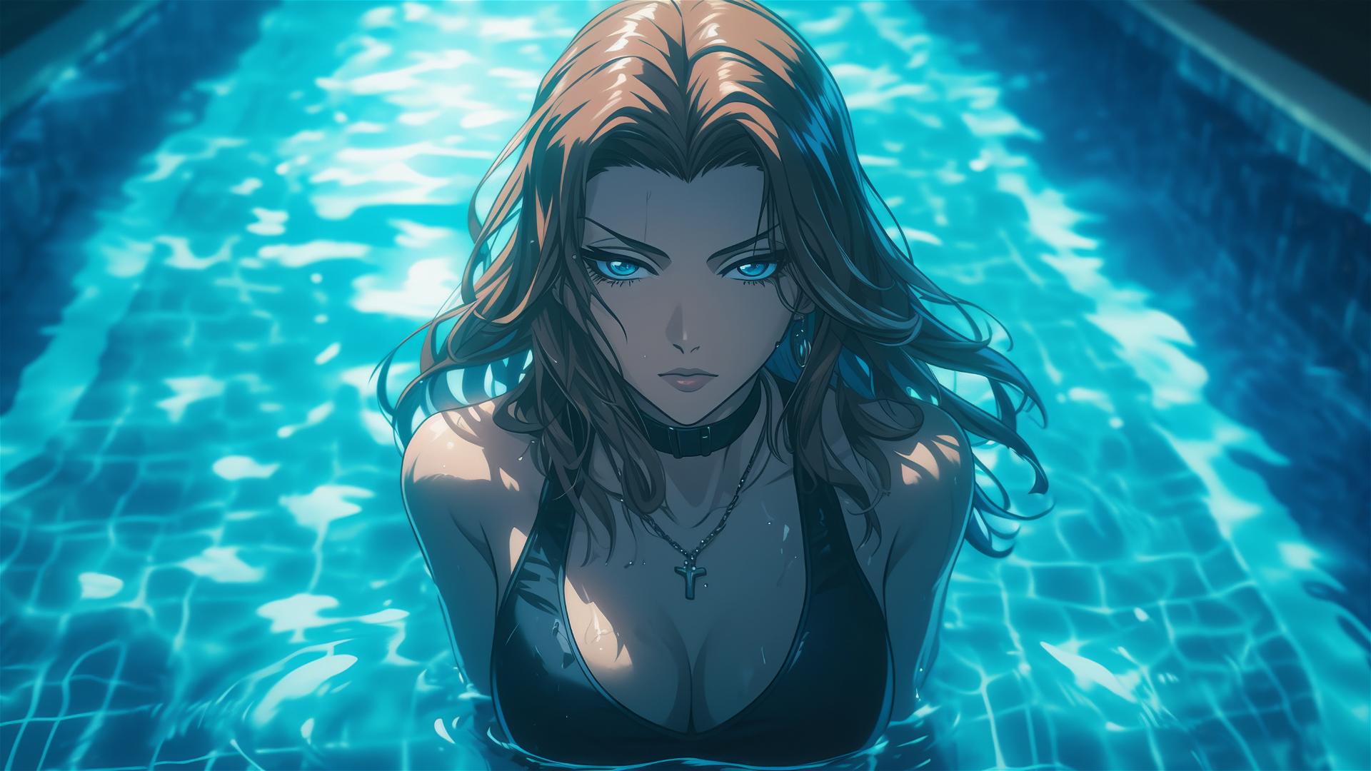 Rangiku Matsumoto from Bleach standing in a pool under moonlight