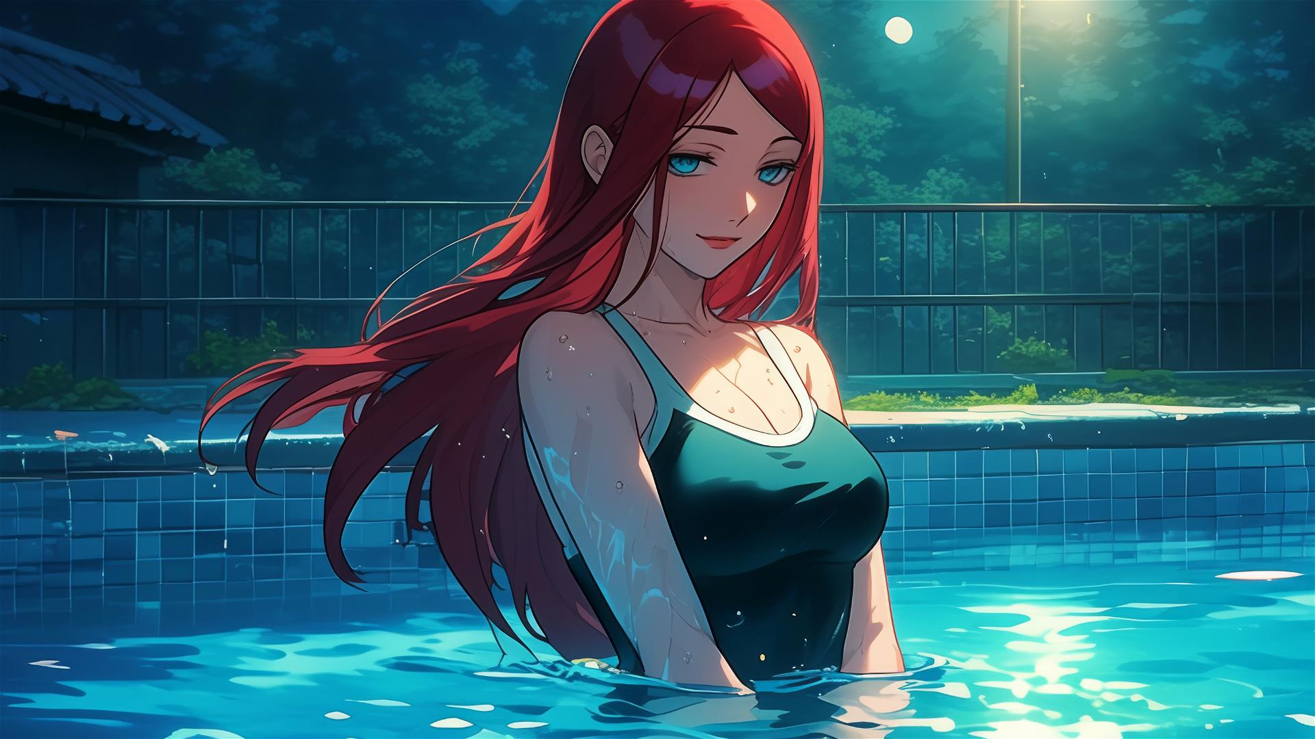 Kushina Uzumaki swimming under moonlight