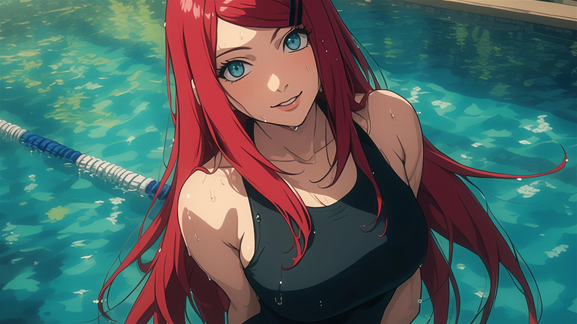 Kushina Uzumaki from Naruto Shippuden swimming in a pool under moonlight