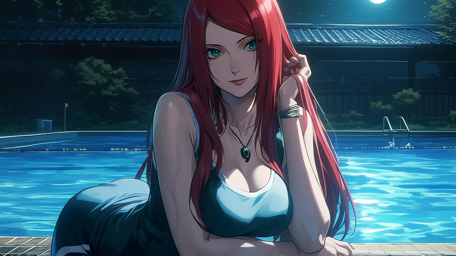 Kushina Uzumaki from Naruto Shippuden resting by the pool under moonlight