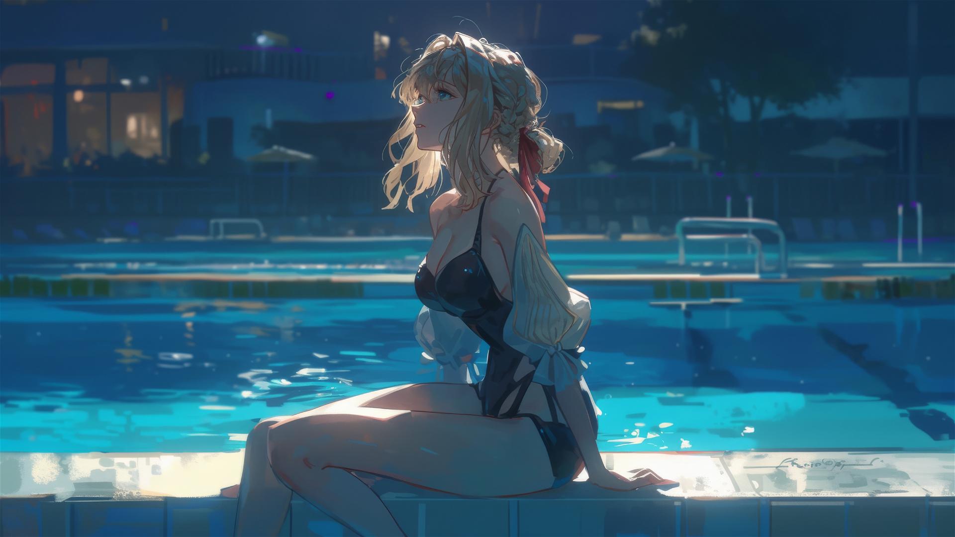 Violet Evergarden resting by the pool under moonlight