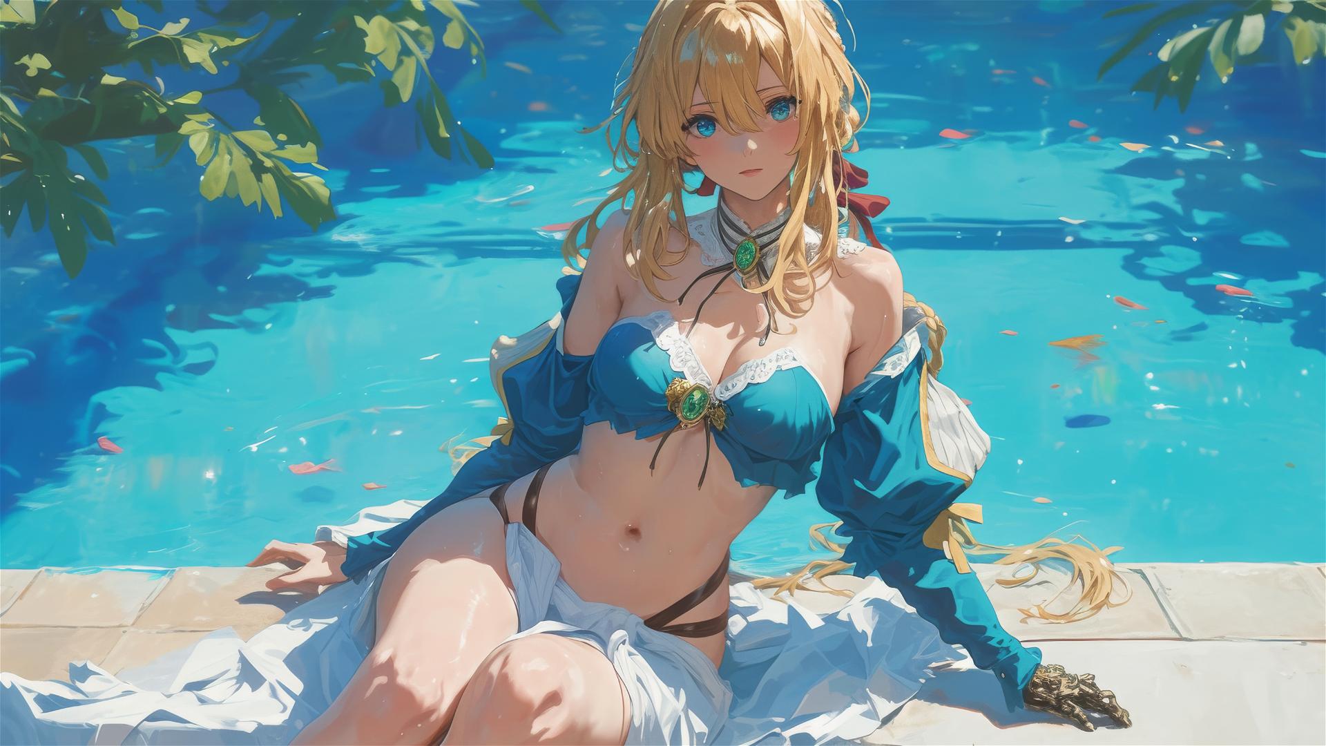 Violet Evergarden resting by pool under moonlight