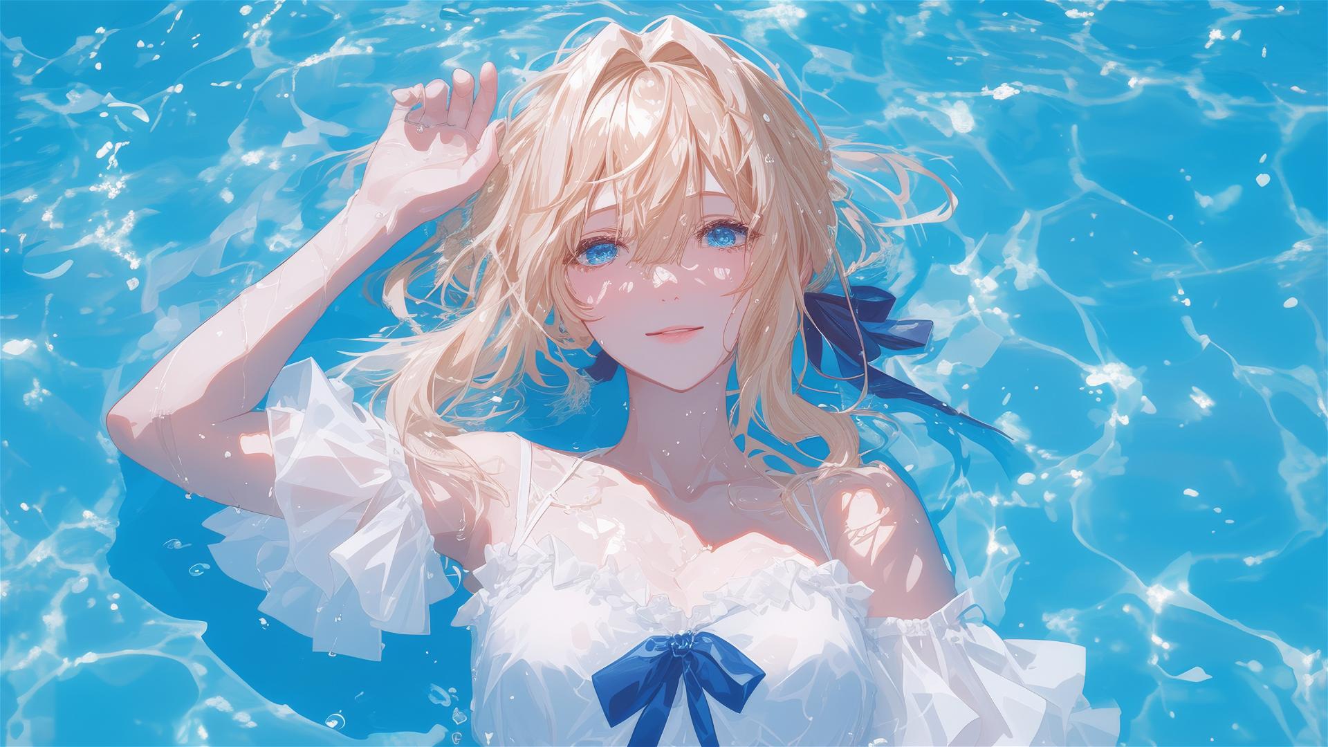 Violet Evergarden swimming under moonlight in a pool