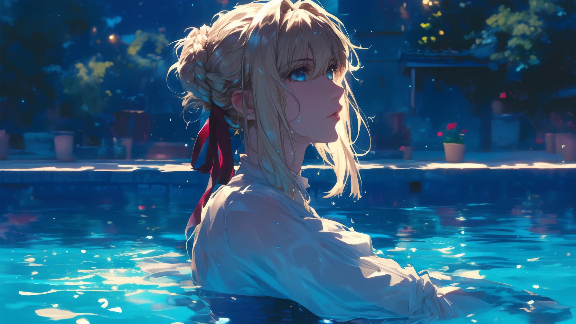 Violet Evergarden standing in a pool under moonlight