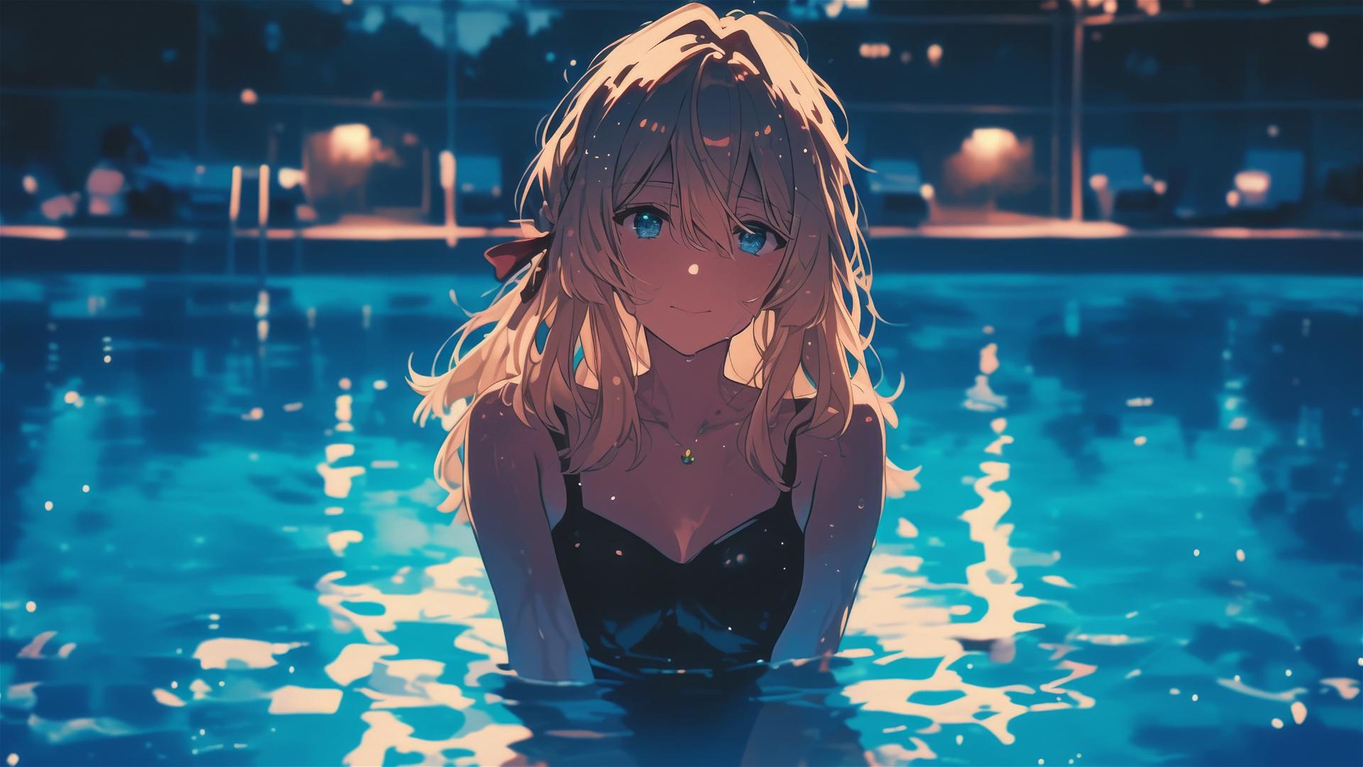 Violet Evergarden standing in a pool under the moonlight