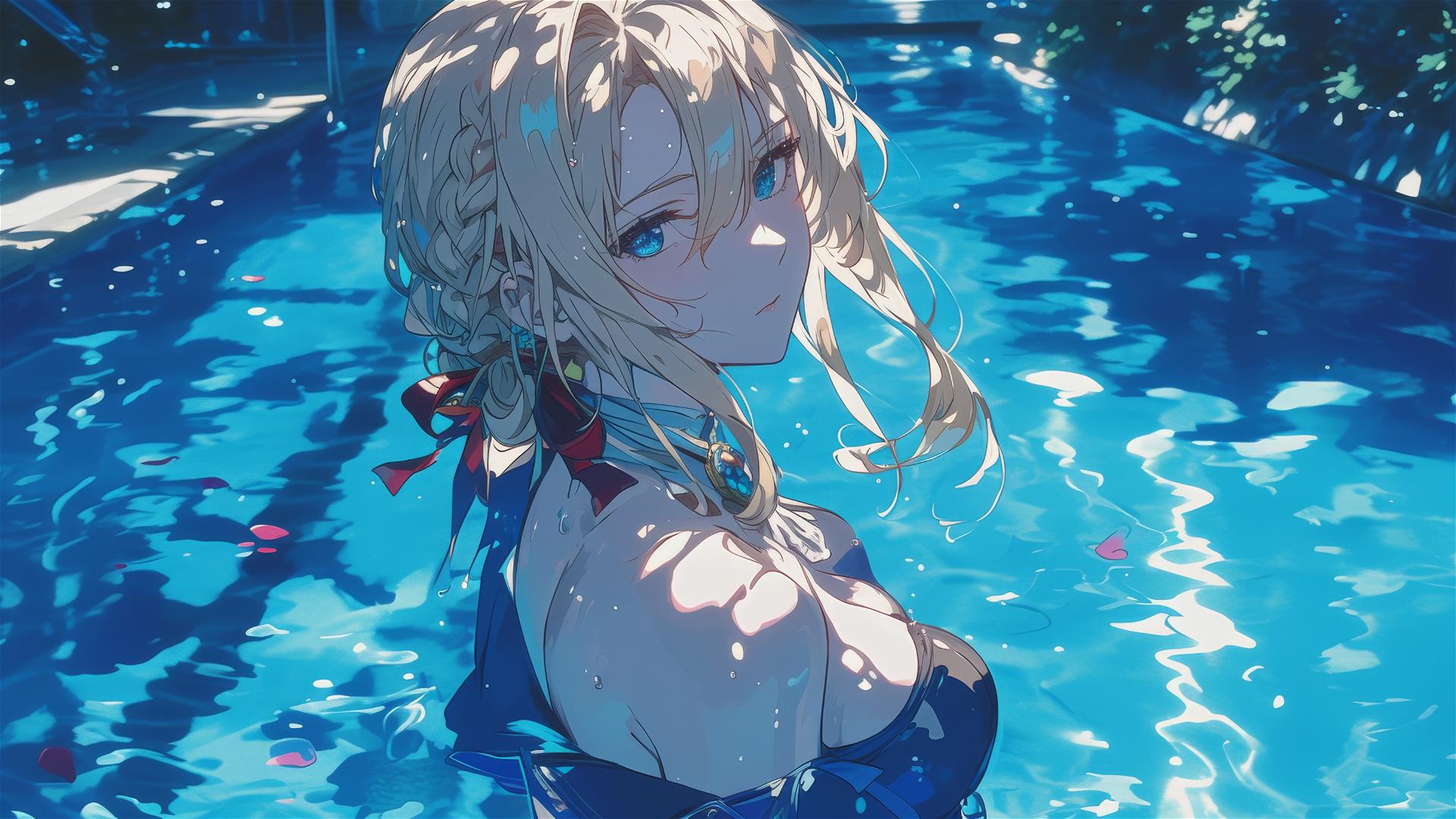 Violet Evergarden standing in a pool under moonlight