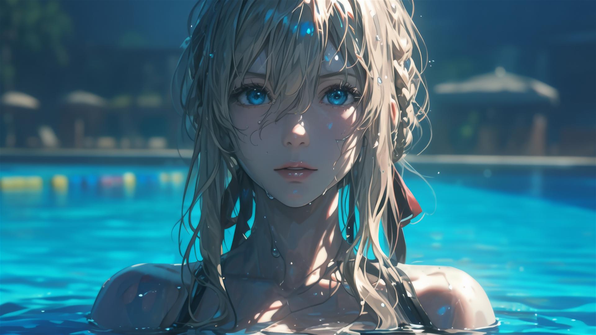 Violet Evergarden standing in a pool under moonlight