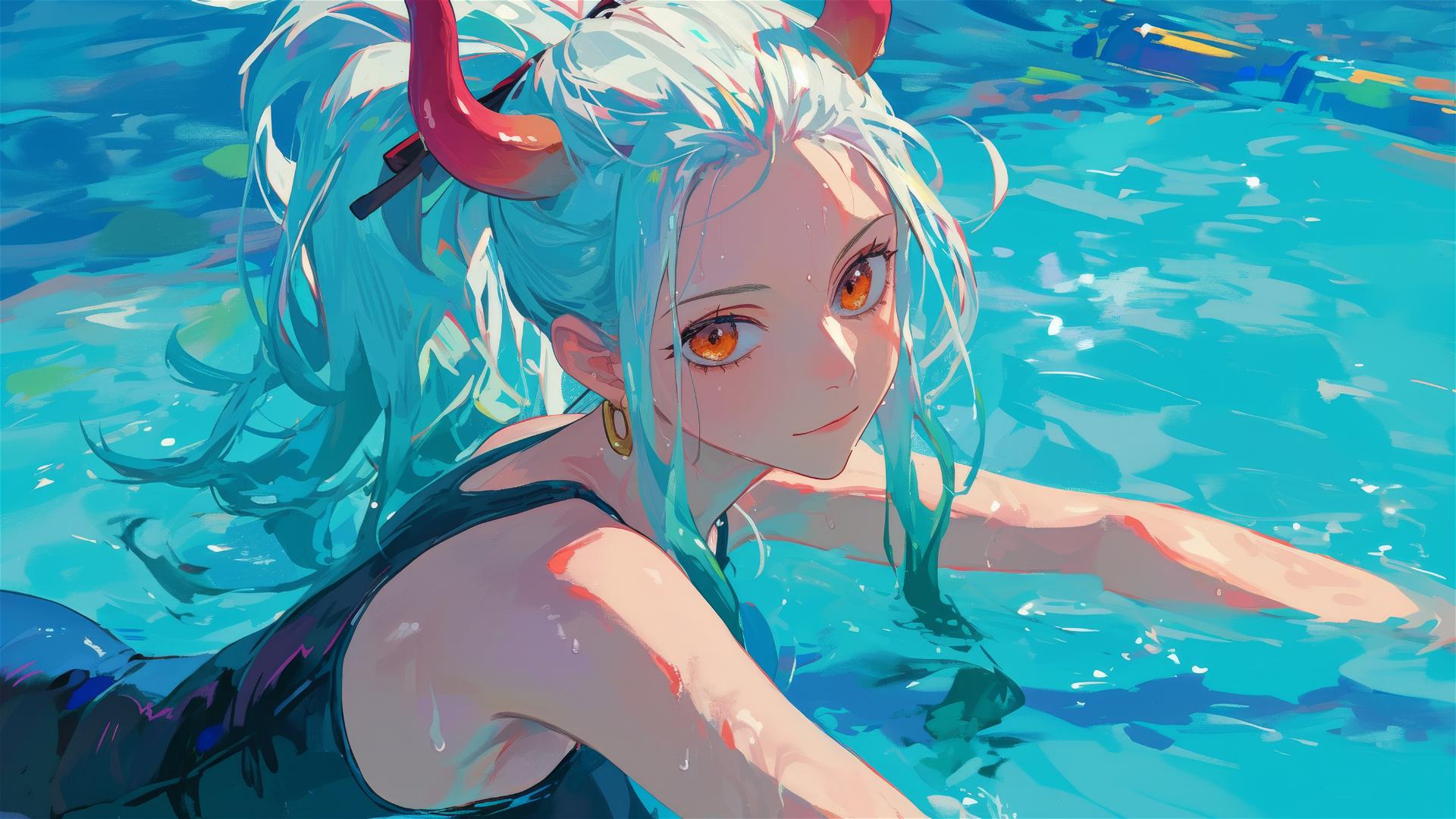 Yamato from One Piece swimming in pool under moonlight with orange eyes