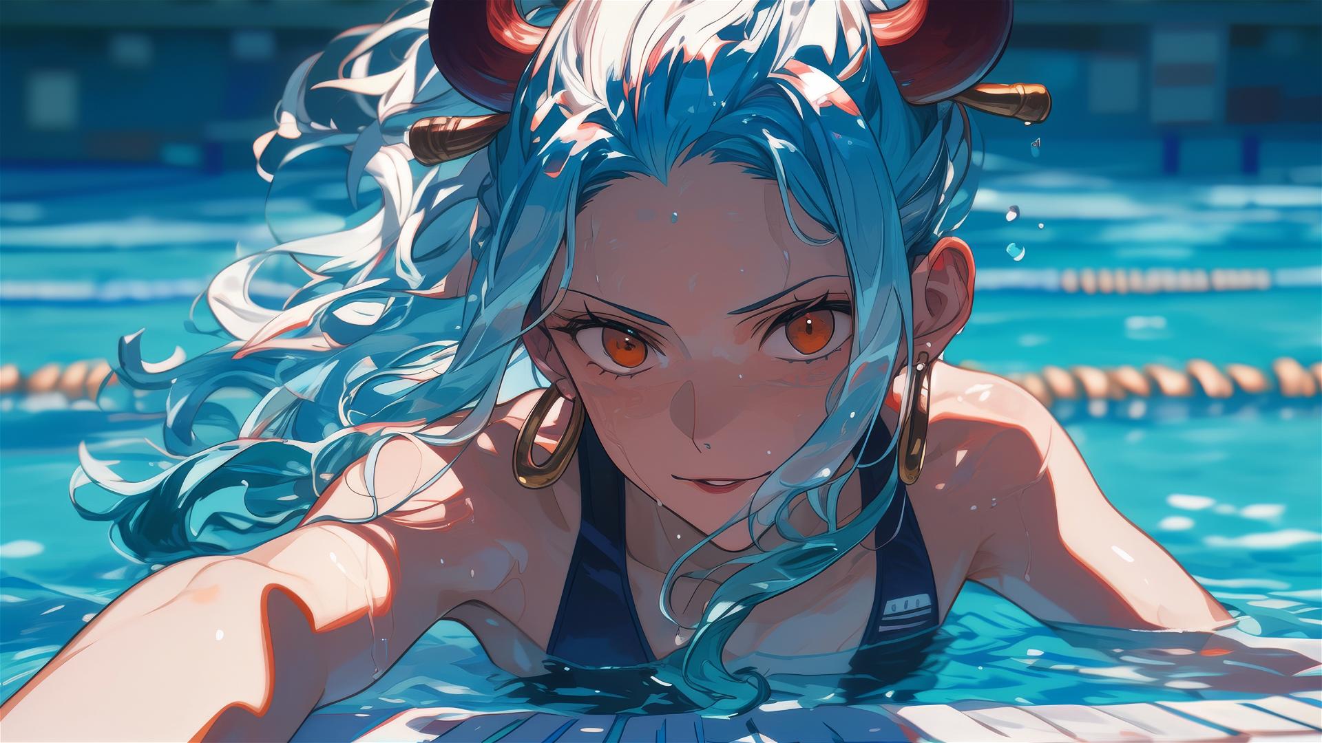 Yamato from One Piece swimming in moonlit pool with orange eyes.