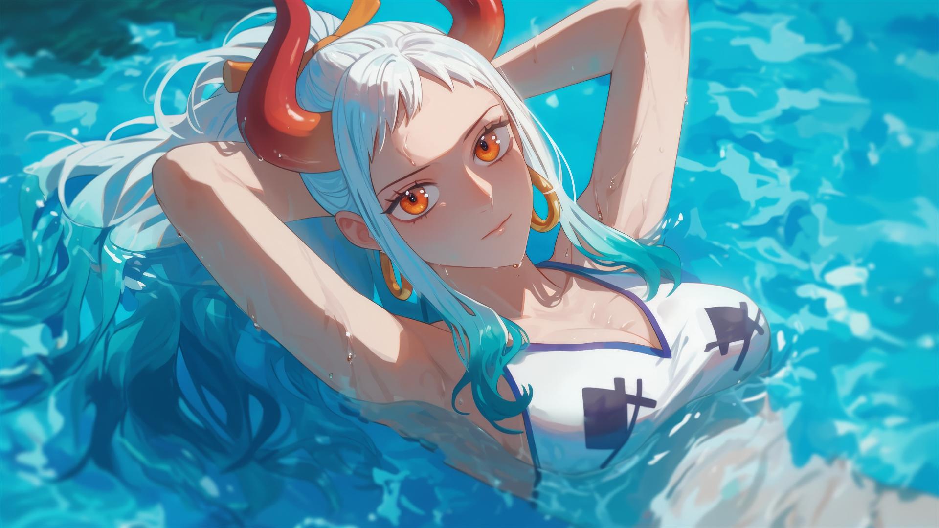 Yamato from One Piece swimming in moonlit pool with orange eyes