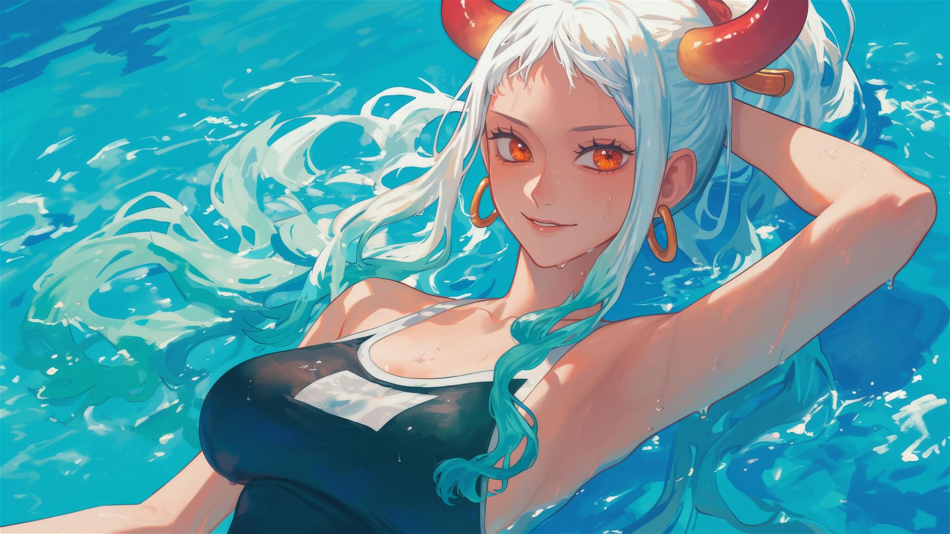 Yamato from One Piece swimming under moonlight with orange eyes