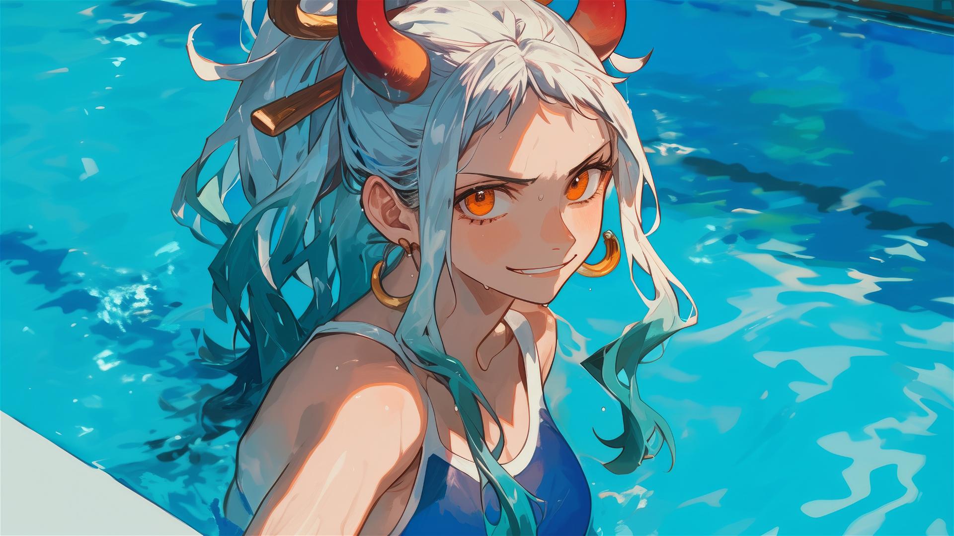 Yamato from One Piece standing in pool under moonlight with orange eyes
