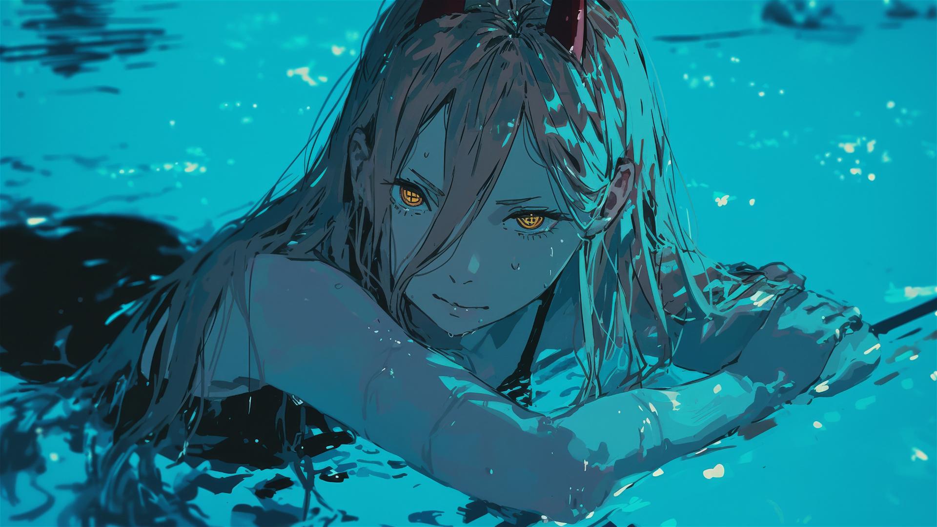 Power from Chainsaw Man swimming in moonlit pool with yellow eyes