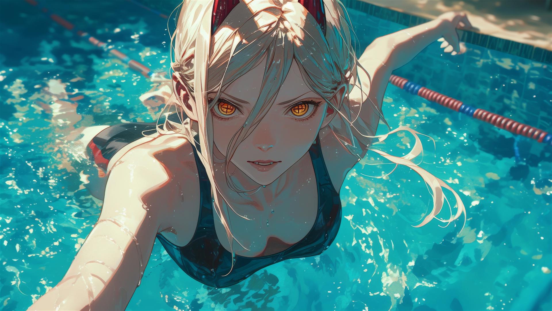 Power from Chainsaw Man swimming in pool under moonlight with yellow eyes