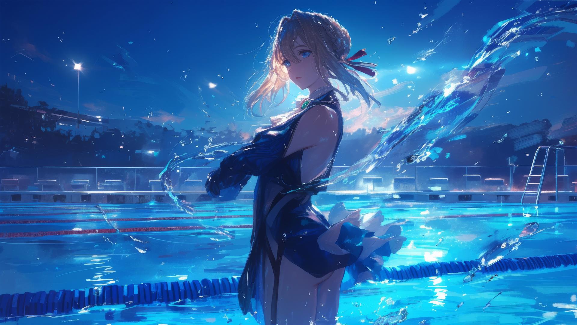 Violet Evergarden standing in pool under moonlight