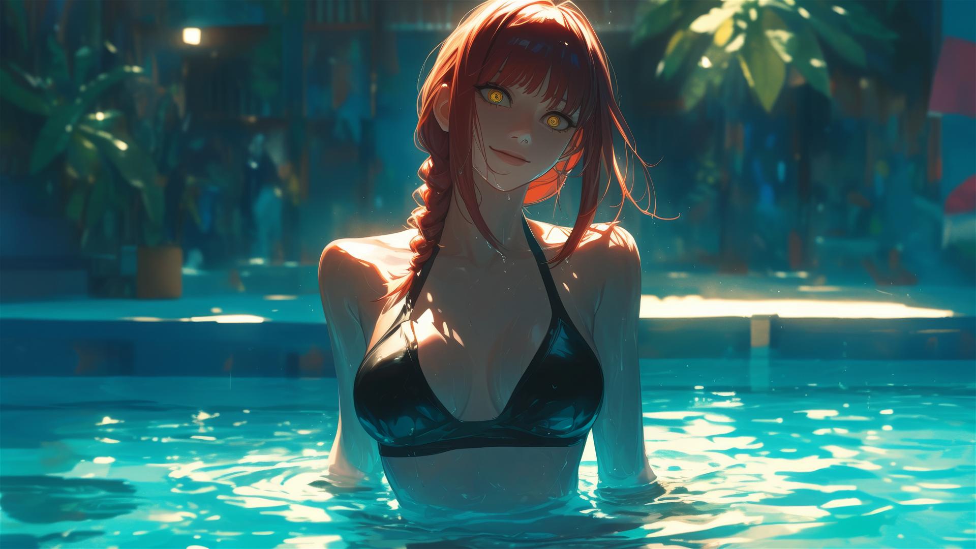 Makima from Chainsaw Man standing in pool under moonlight