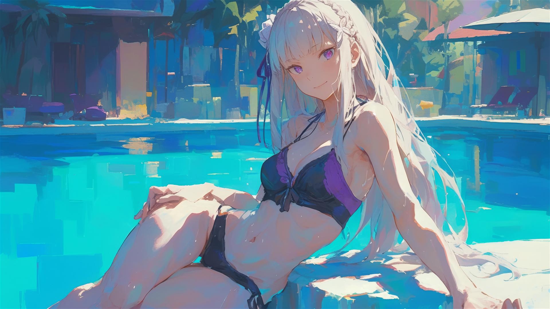 Emilia from Re:Zero rests by pool under moonlight