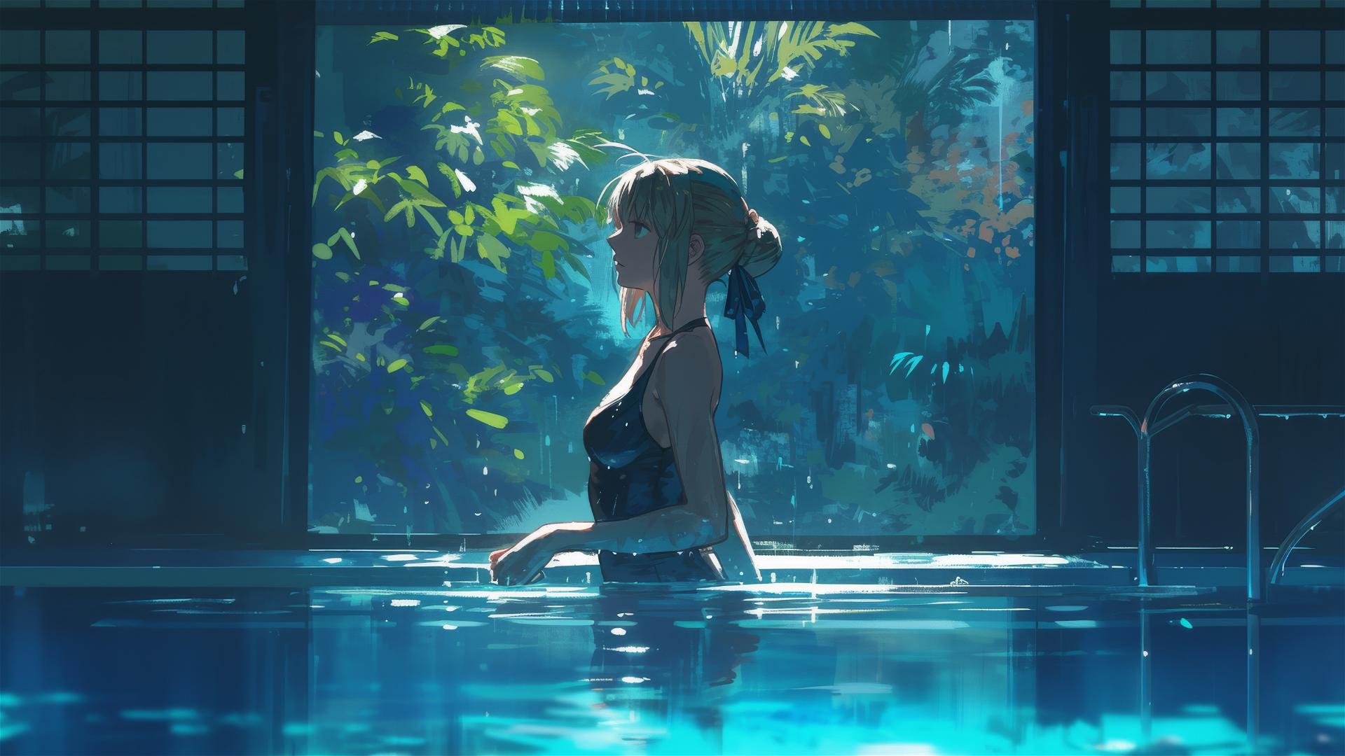 Saber from Fate/Zero standing in a pool under moonlight