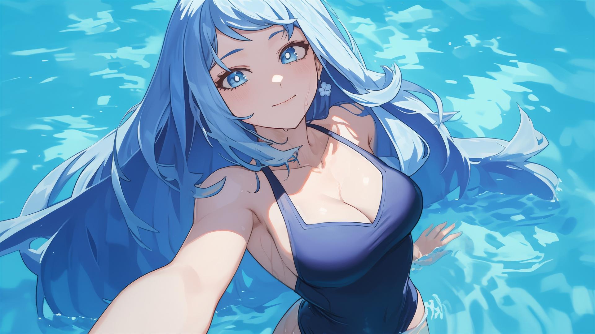 Nejire Hadou from My Hero Academia standing in a pool under moonlight, blue eyes
