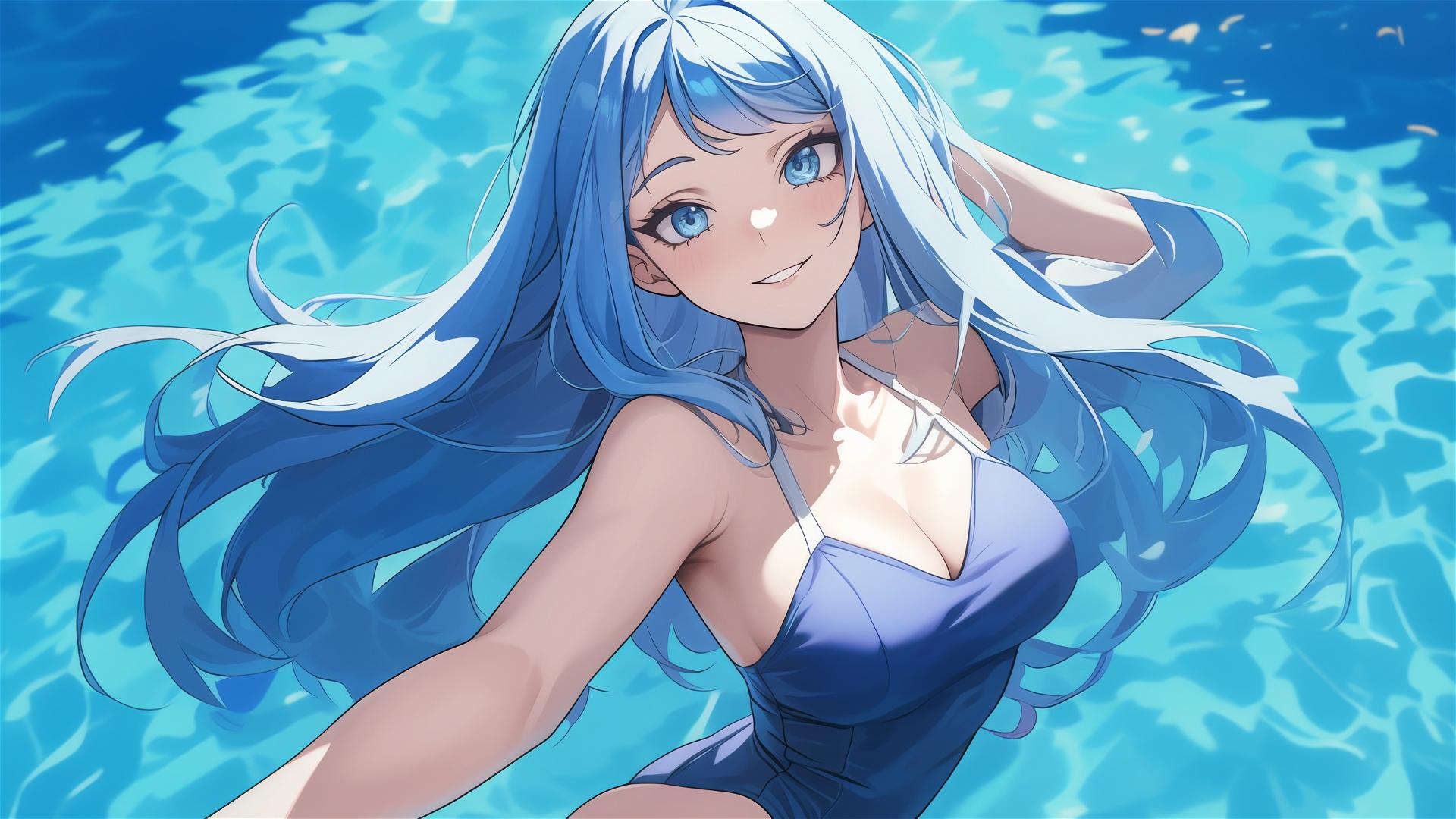 Nejire Hadou from My Hero Academia standing in a pool under moonlight