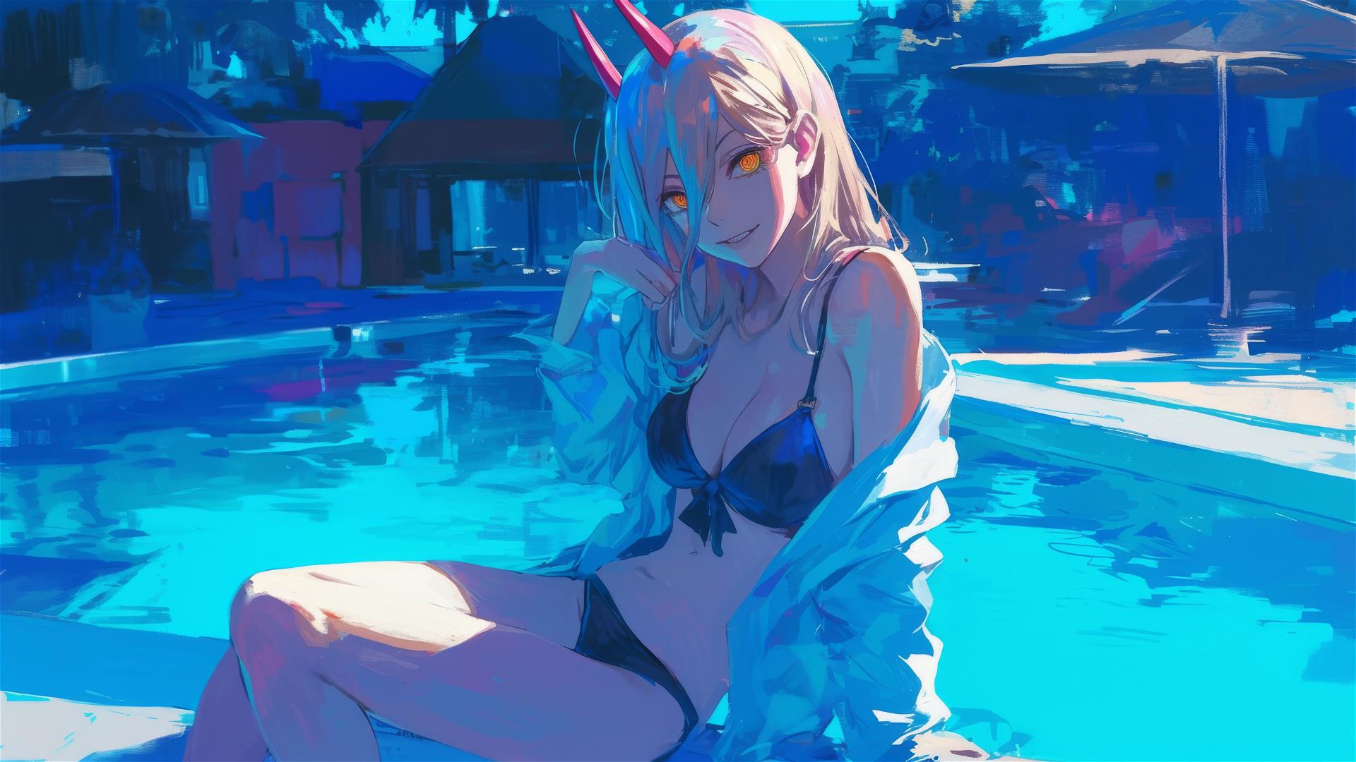Power from Chainsaw Man resting by the pool under moonlight, yellow eyes glowing