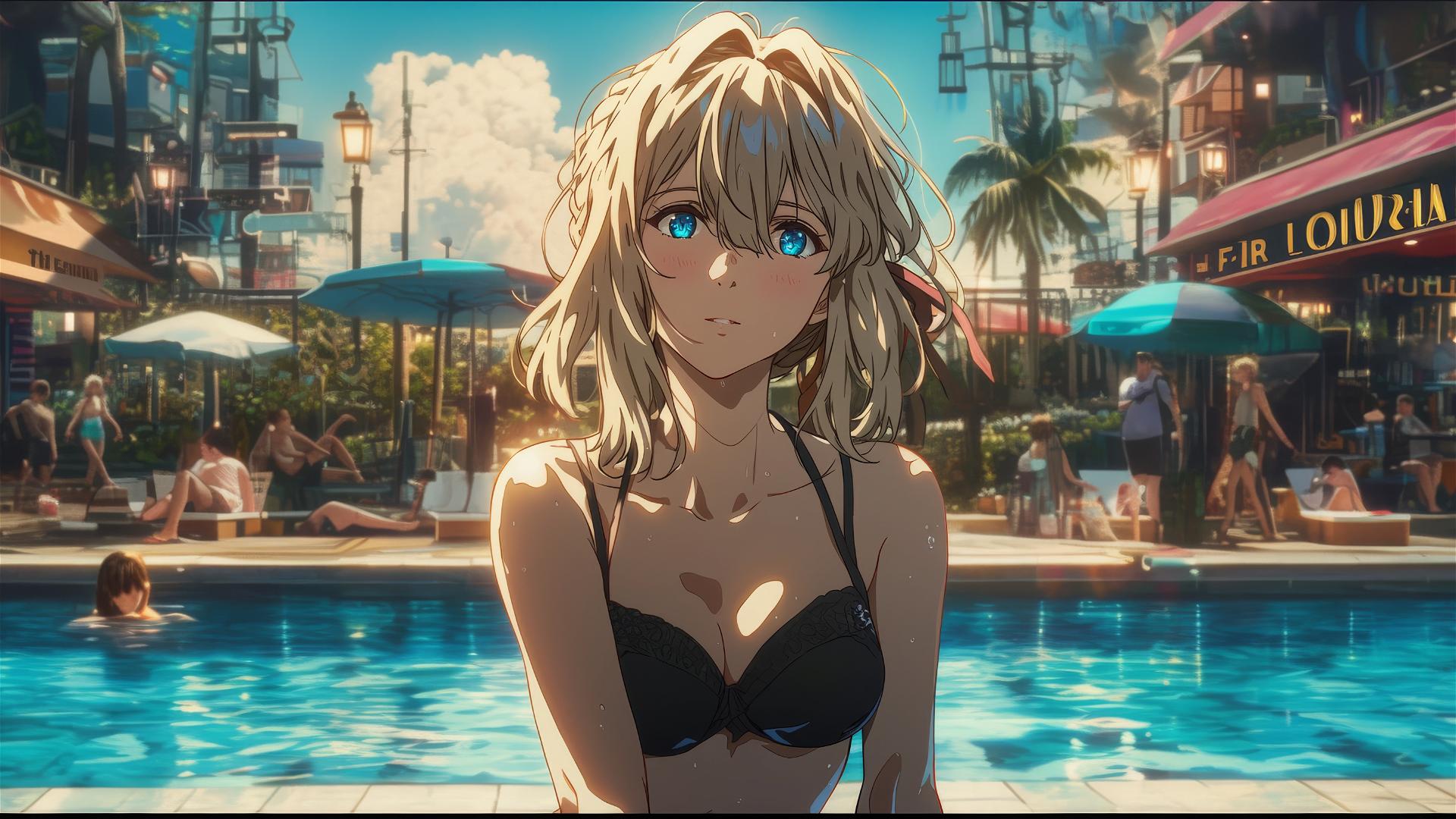 Violet Evergarden resting by pool under moonlight, dressed in bunny girl style