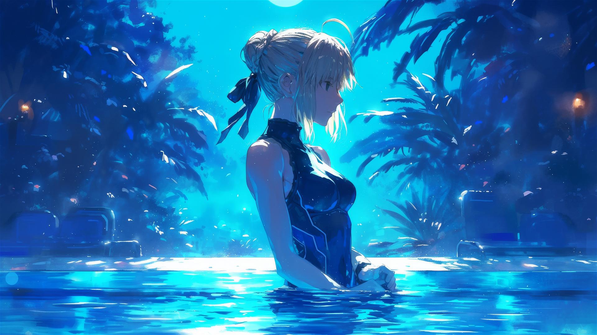Saber from Fate/Zero standing in a pool under moonlight