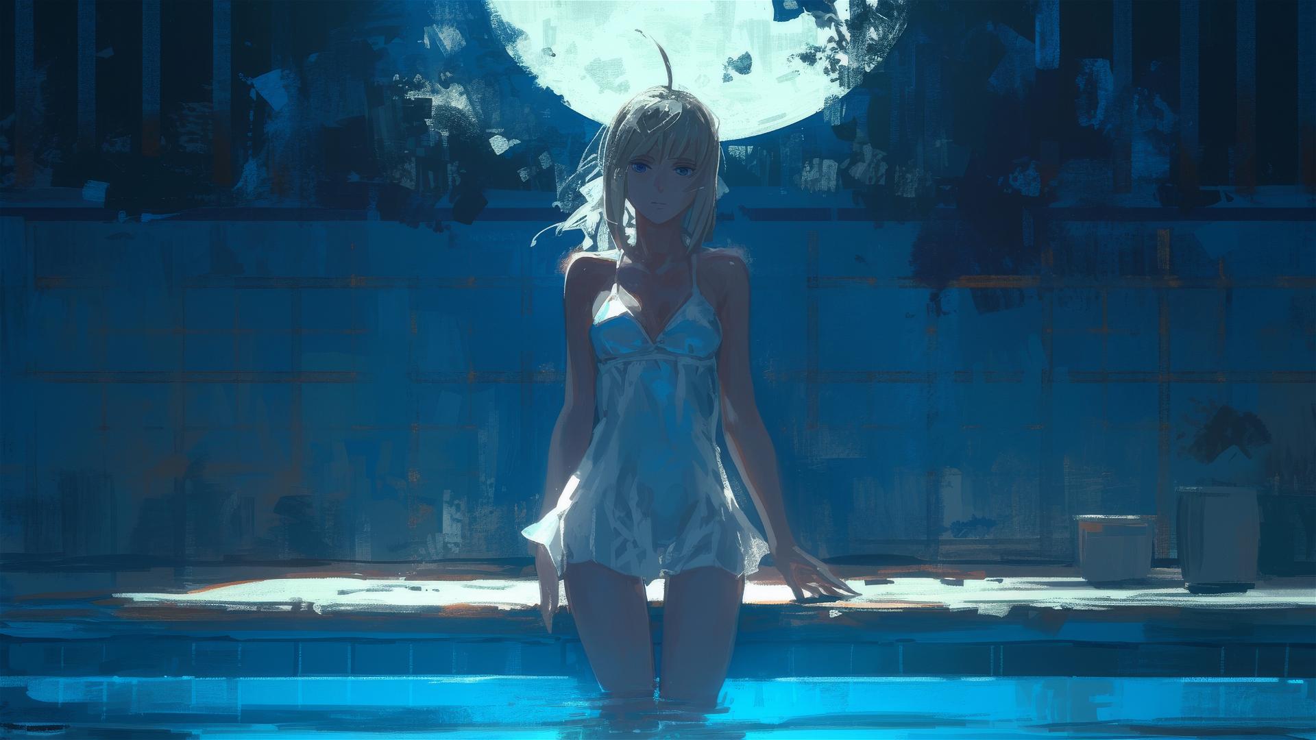 Saber from Fate/Zero standing in pool under moonlight