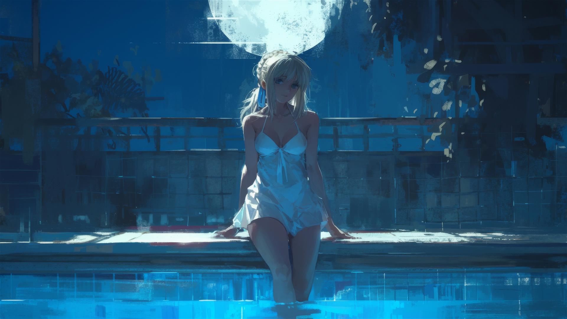 Saber from Fate/Zero stands in a pool under moonlight