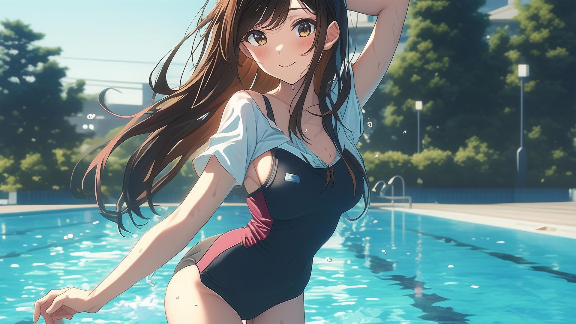 Mizuhara Chizuru standing in pool under moonlight with brown hair and light brown eyes