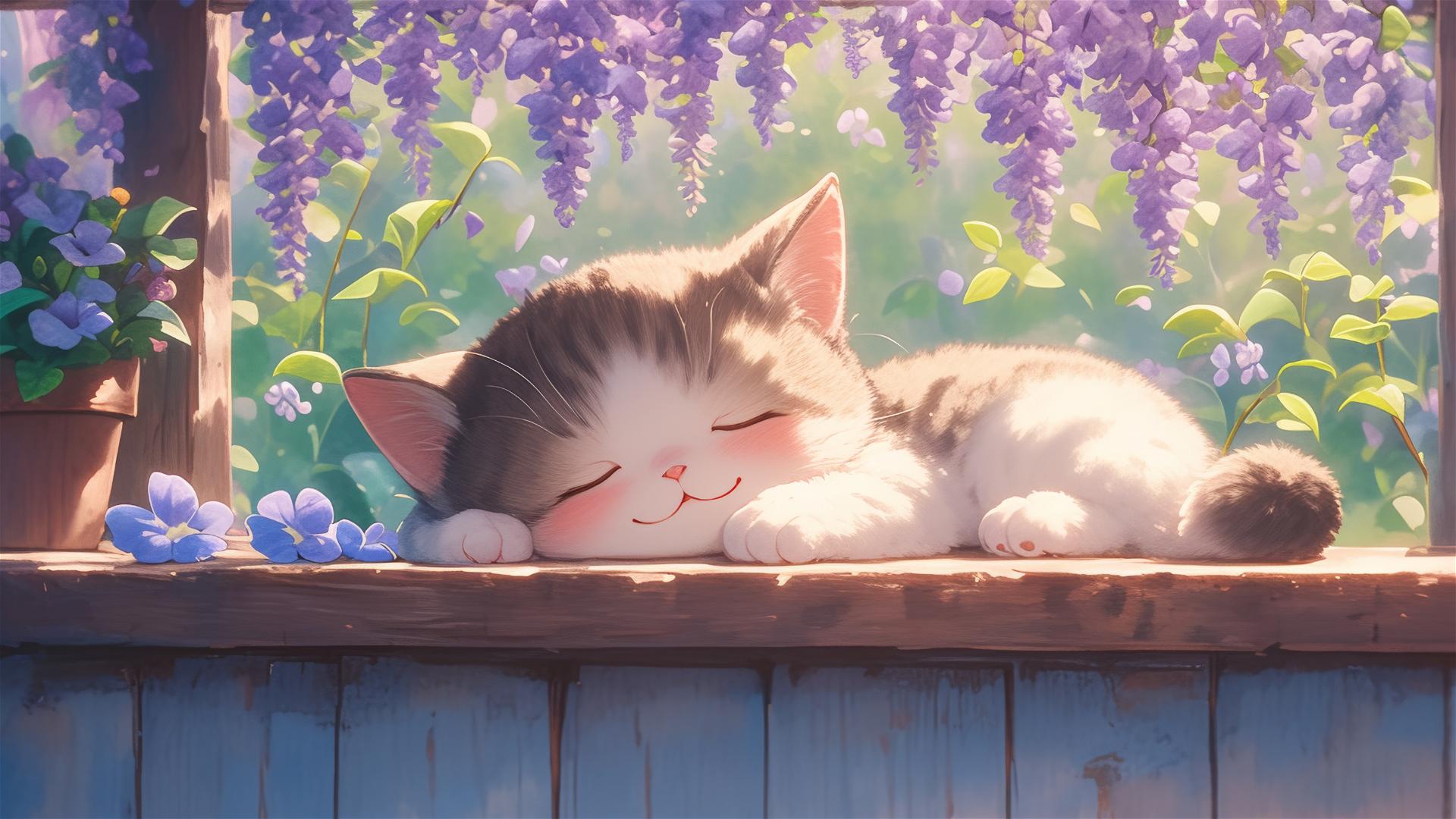 British Shorthair cat asleep among flowers in a colorful Japanese animation style