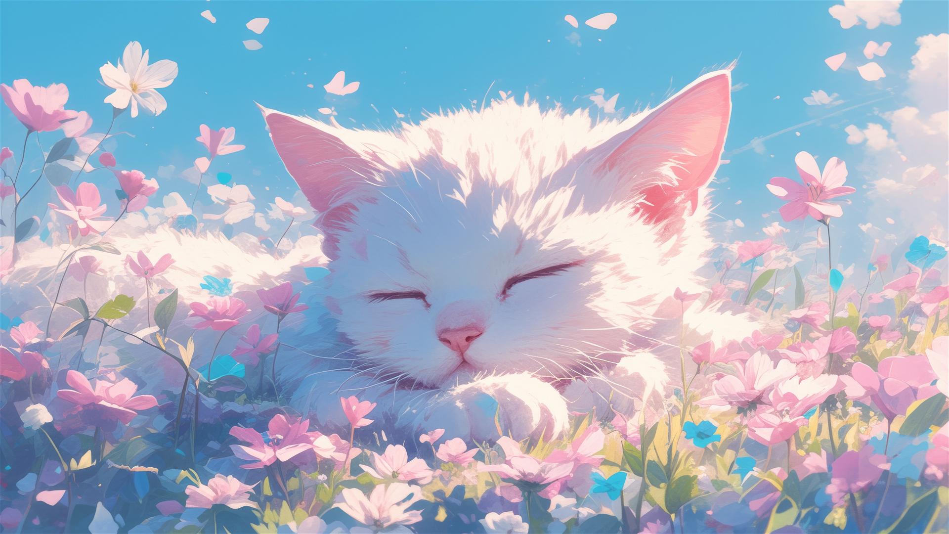 Colorful anime-style scene with a sleeping British Shorthair cat amidst flowers