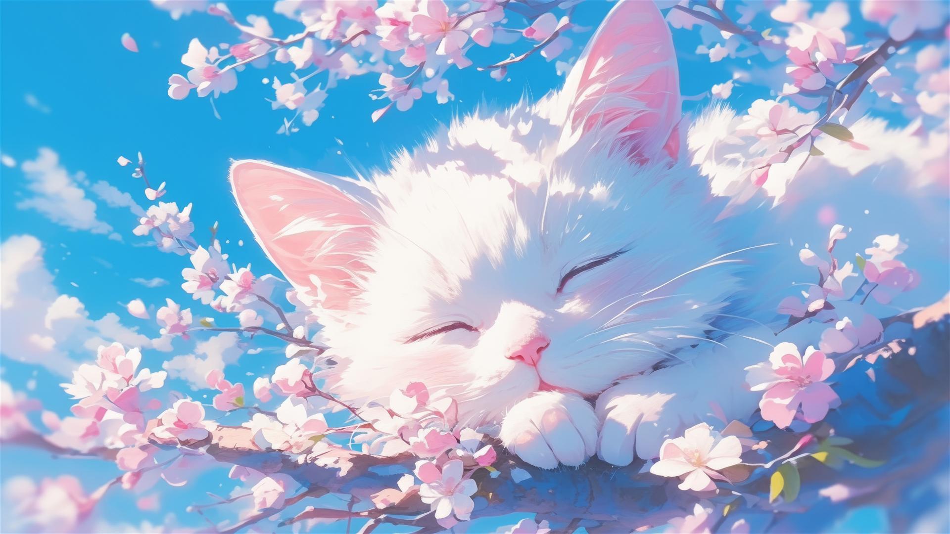 British shorthair cat sleeping among colorful flowers in a Japanese animation style