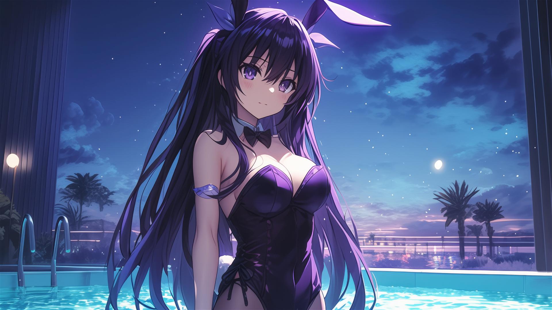 Tohka Yatogami stands in pool under moonlight, dark-purple hair, bunny girl outfit