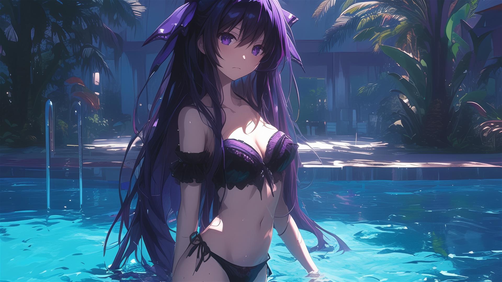 Tohka Yatogami in pool under moonlight with dark-purple hair and eyes