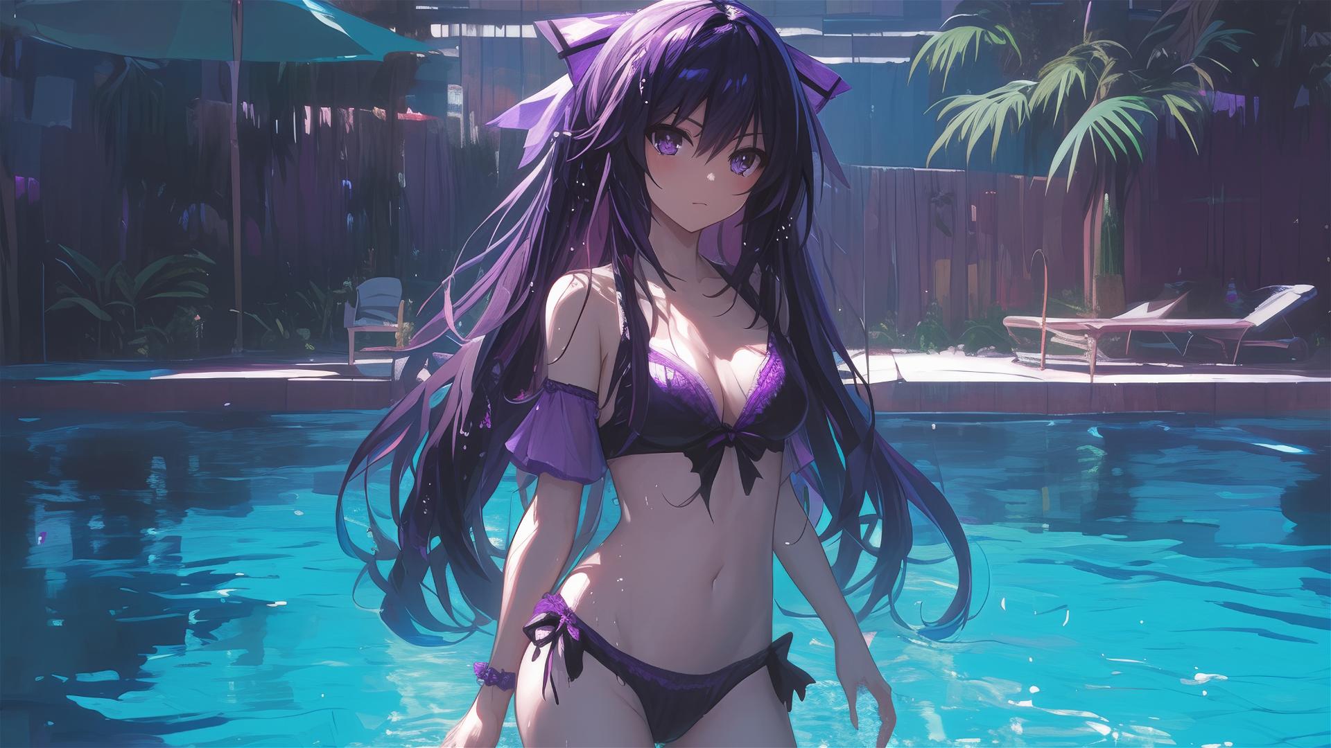 Tohka Yatogami from Date A Live standing in pool with moonlight glow