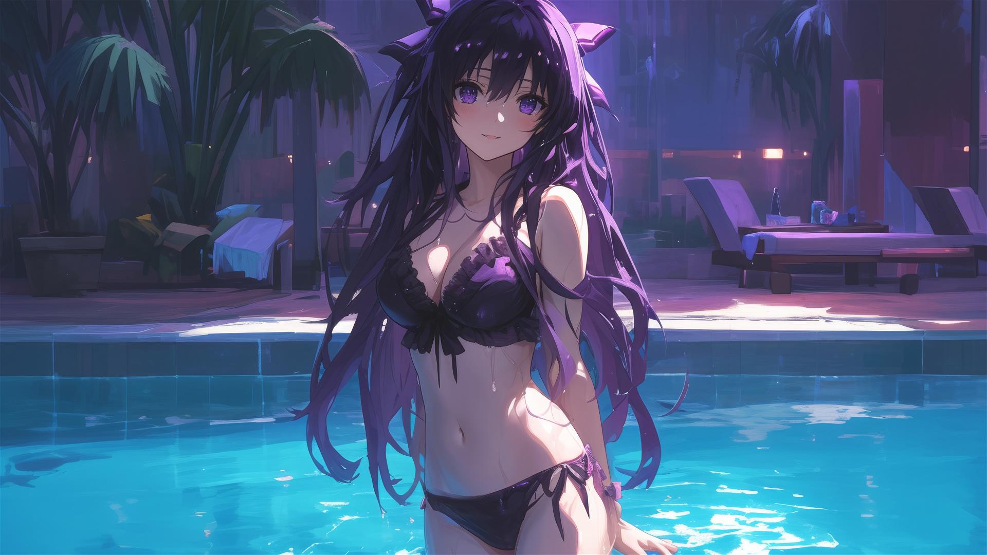 Tohka Yatogami standing in pool with moonlight glow, dark purple hair and eyes