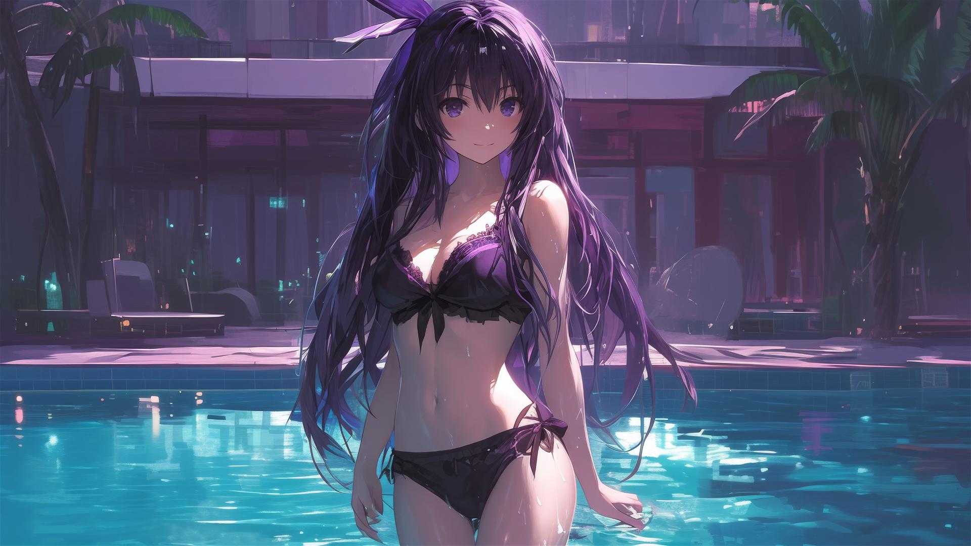 Tohka Yatogami standing in pool under moonlight with dark purple hair and eyes