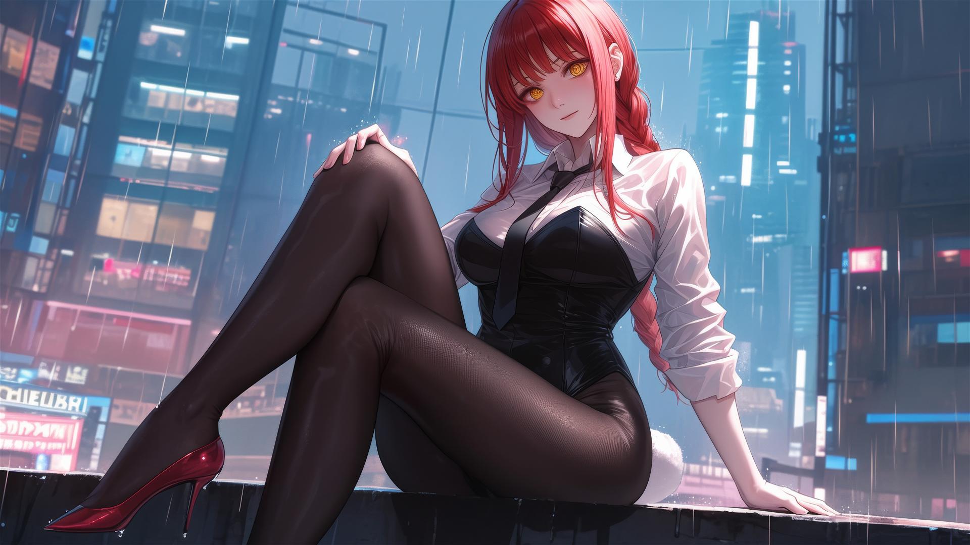 Makima from Chainsaw Man on a roof, rain, moon glow on red hair and heels, bunny girl style
