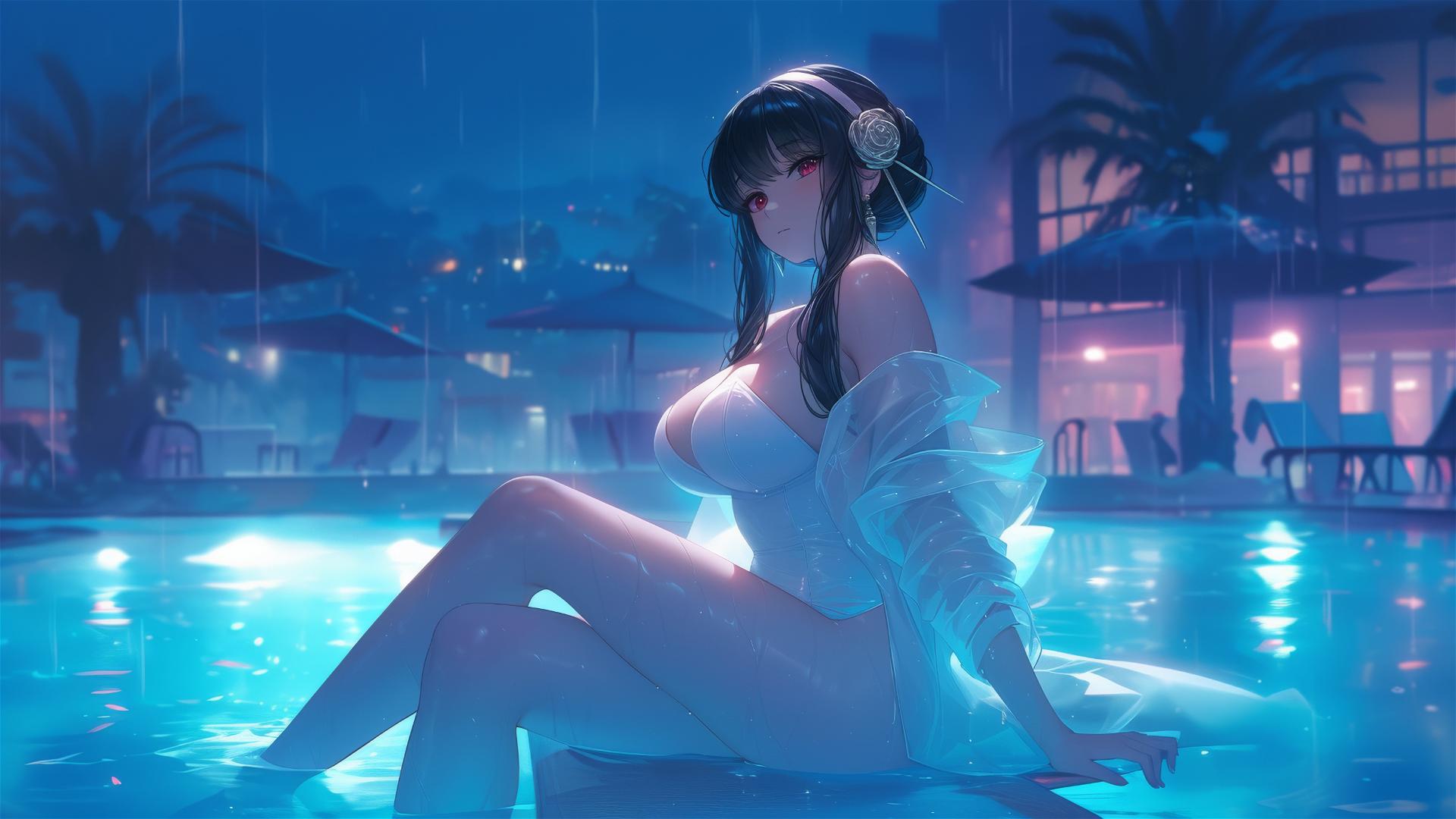 Yor Forger from Spy x Family in a white bunny suit in a pool under moonlight on a rainy day