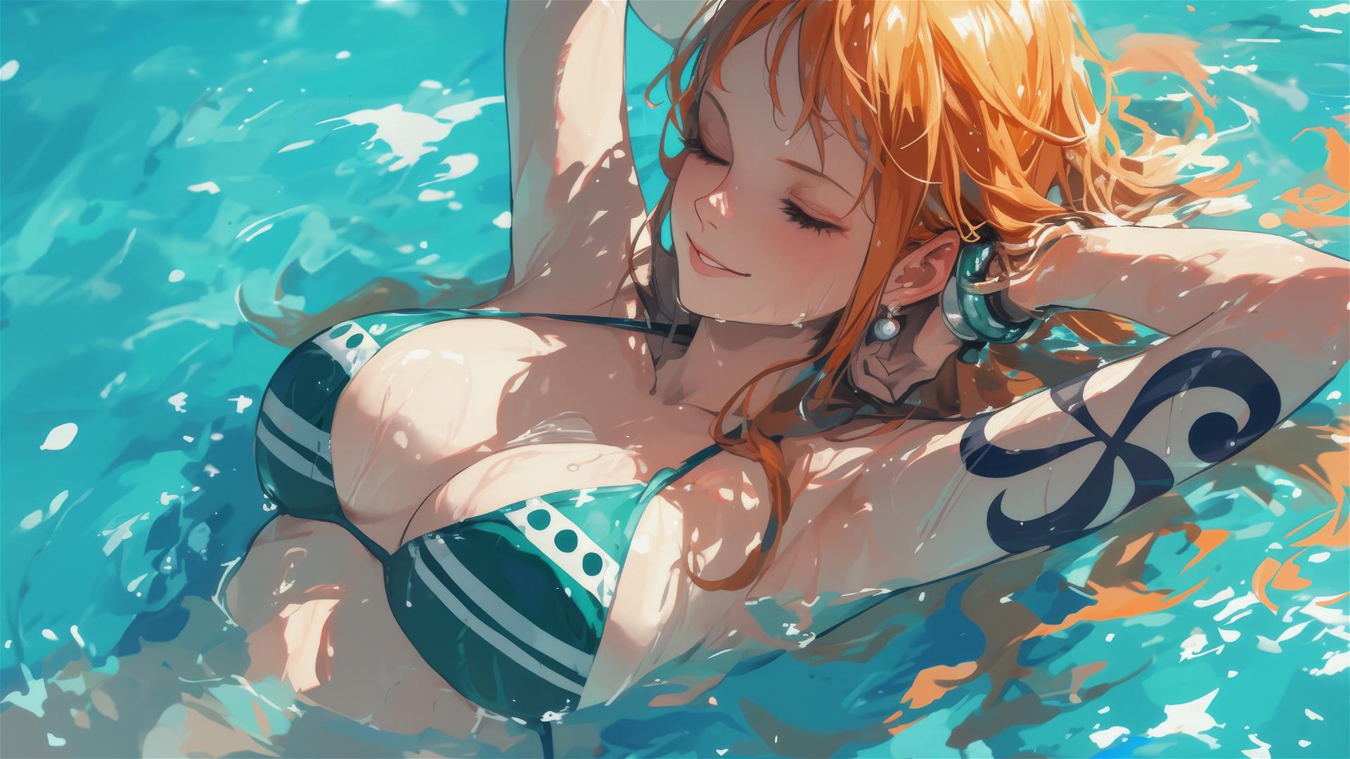 Nami from One Piece swims in a pool under moonlight