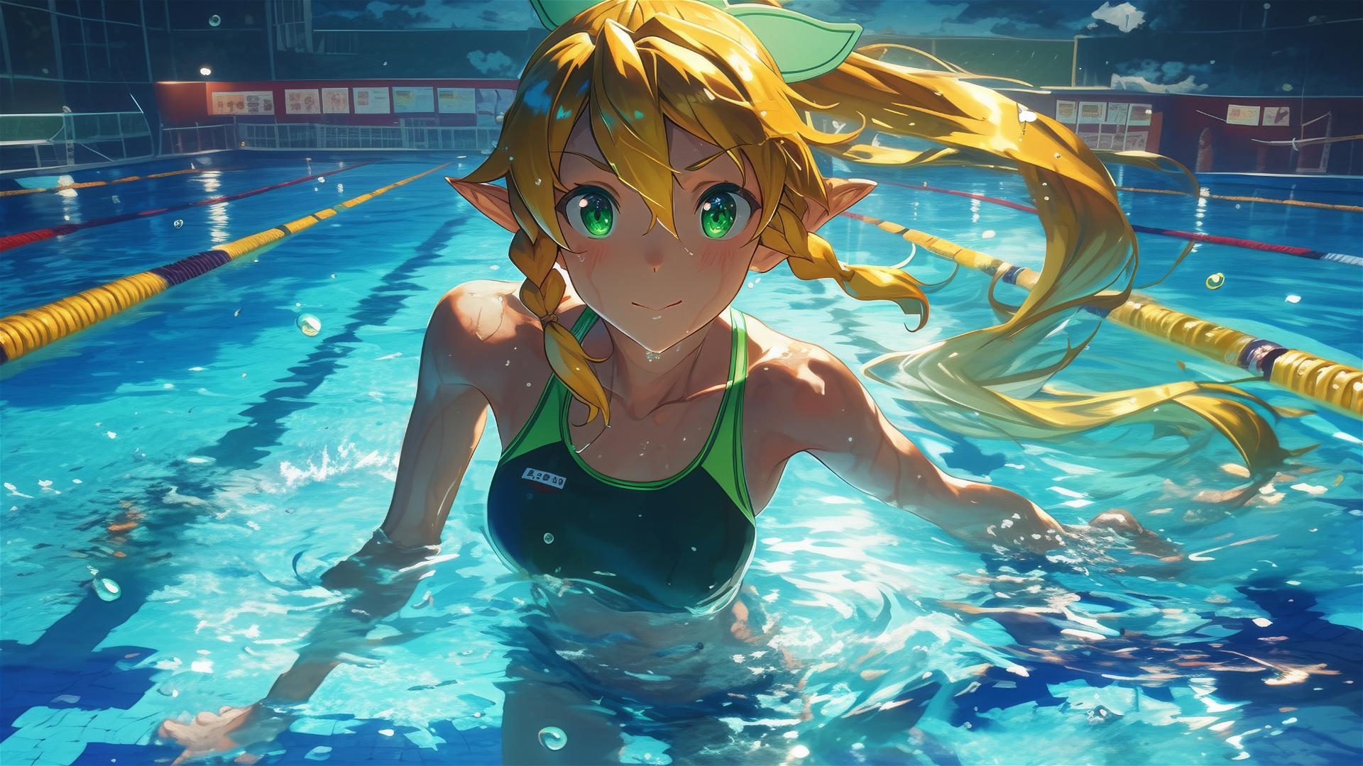 Leafa from SAO standing in a pool under moonlight