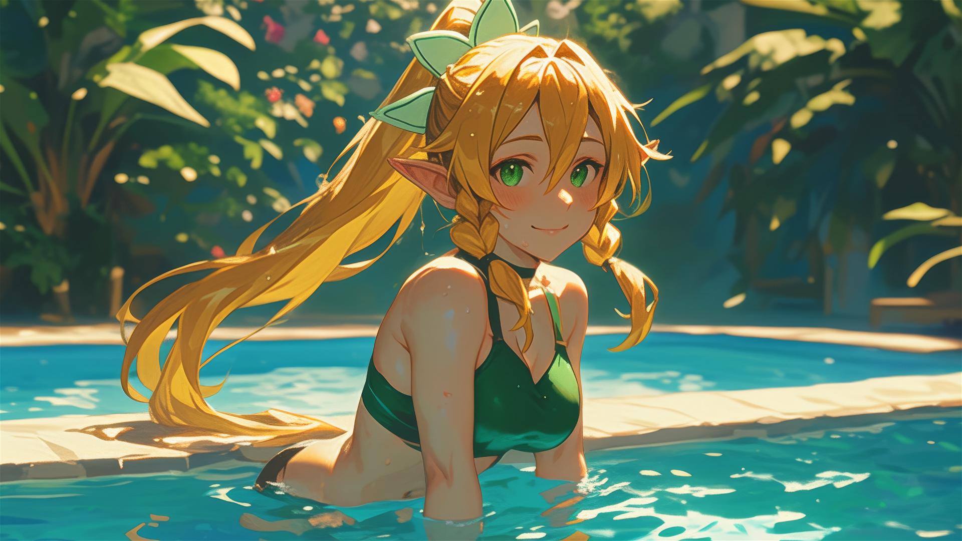 Leafa from Sword Art Online standing in a pool under moonlight
