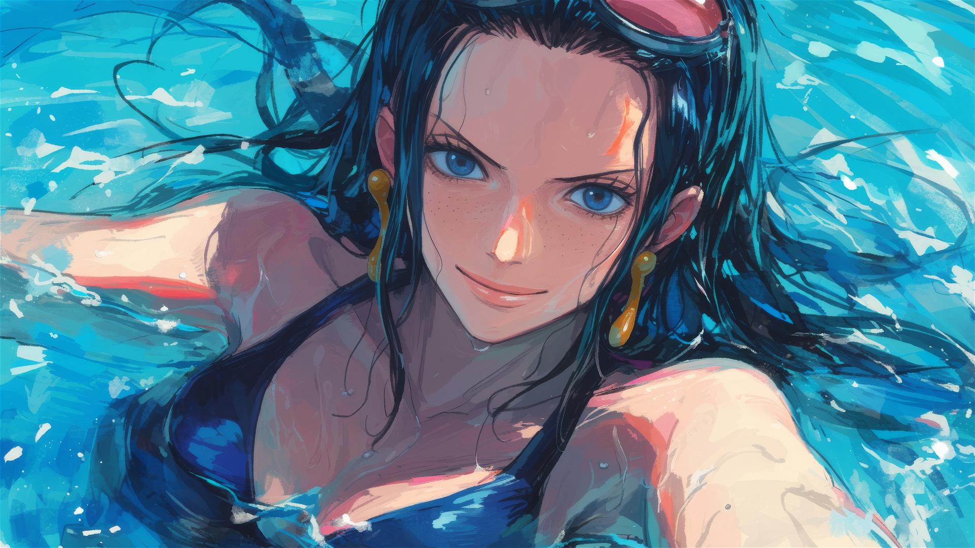 Nico Robin from One Piece swimming in moonlit pool