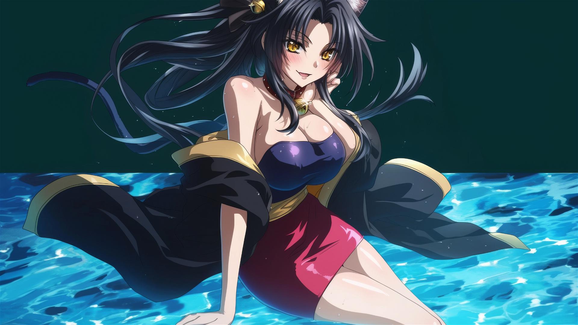 Kuroka from High School DxD swimming under moonlight with glowing hazel gold cat-like eyes