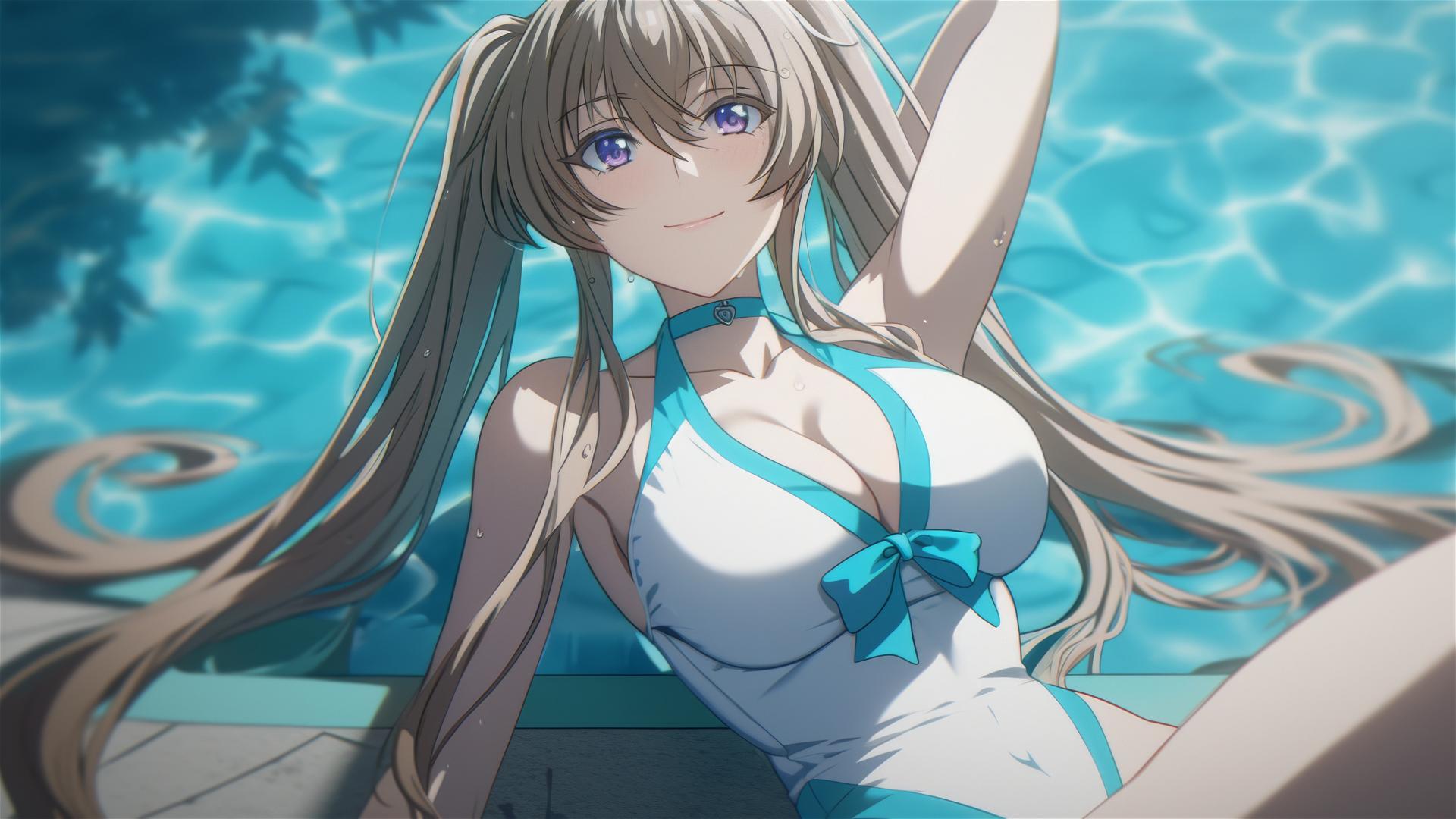 Irina Shidou resting by pool under moonlight, violet eyes, twintails with blue scrunchies