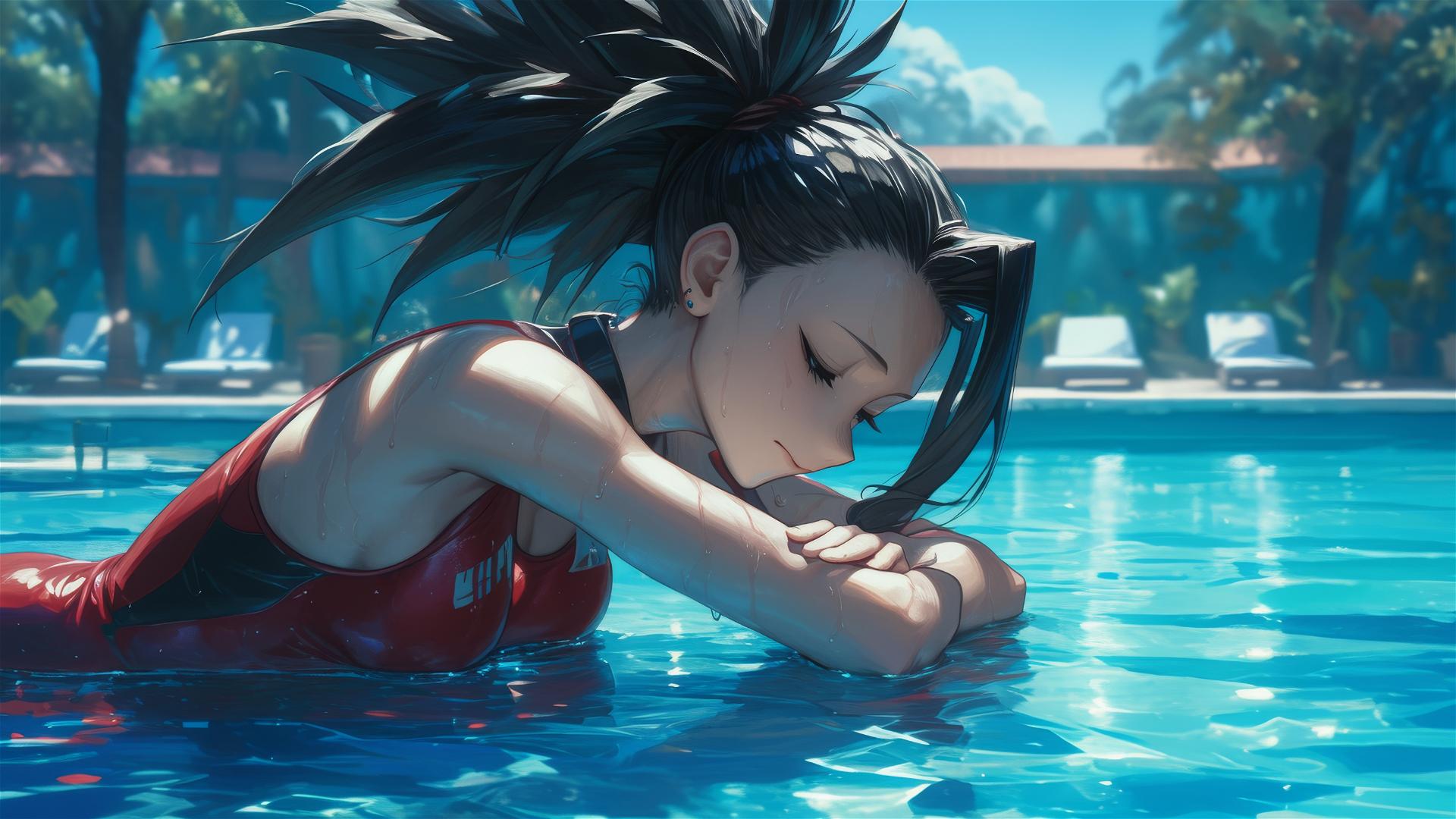 Momo Yaoyorozu from My Hero Academia resting by pool under moonlight
