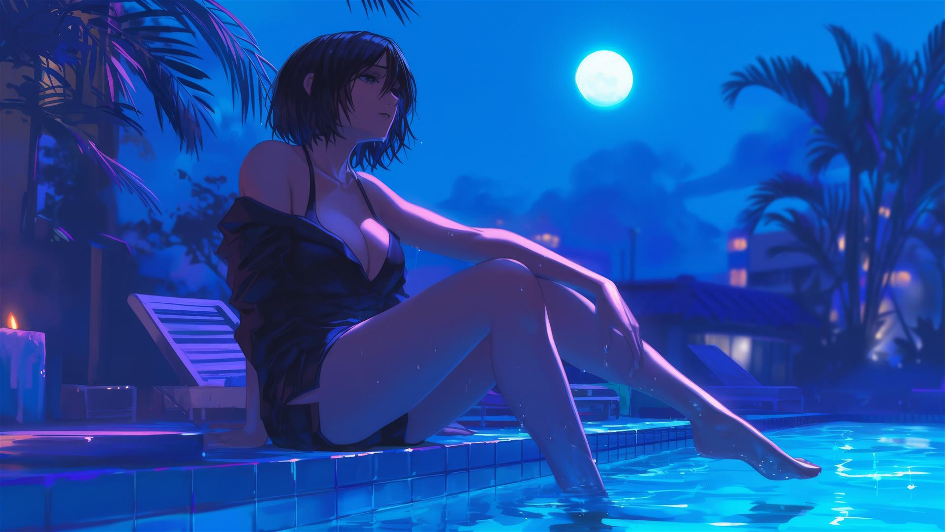 Mikasa Ackerman by poolside under moonlight